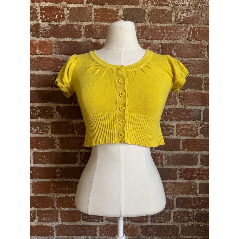 Y2K Wet‎ Seal Yellow Cropped Button Front Puff Sleeve Cardigan XS Indie Preppy